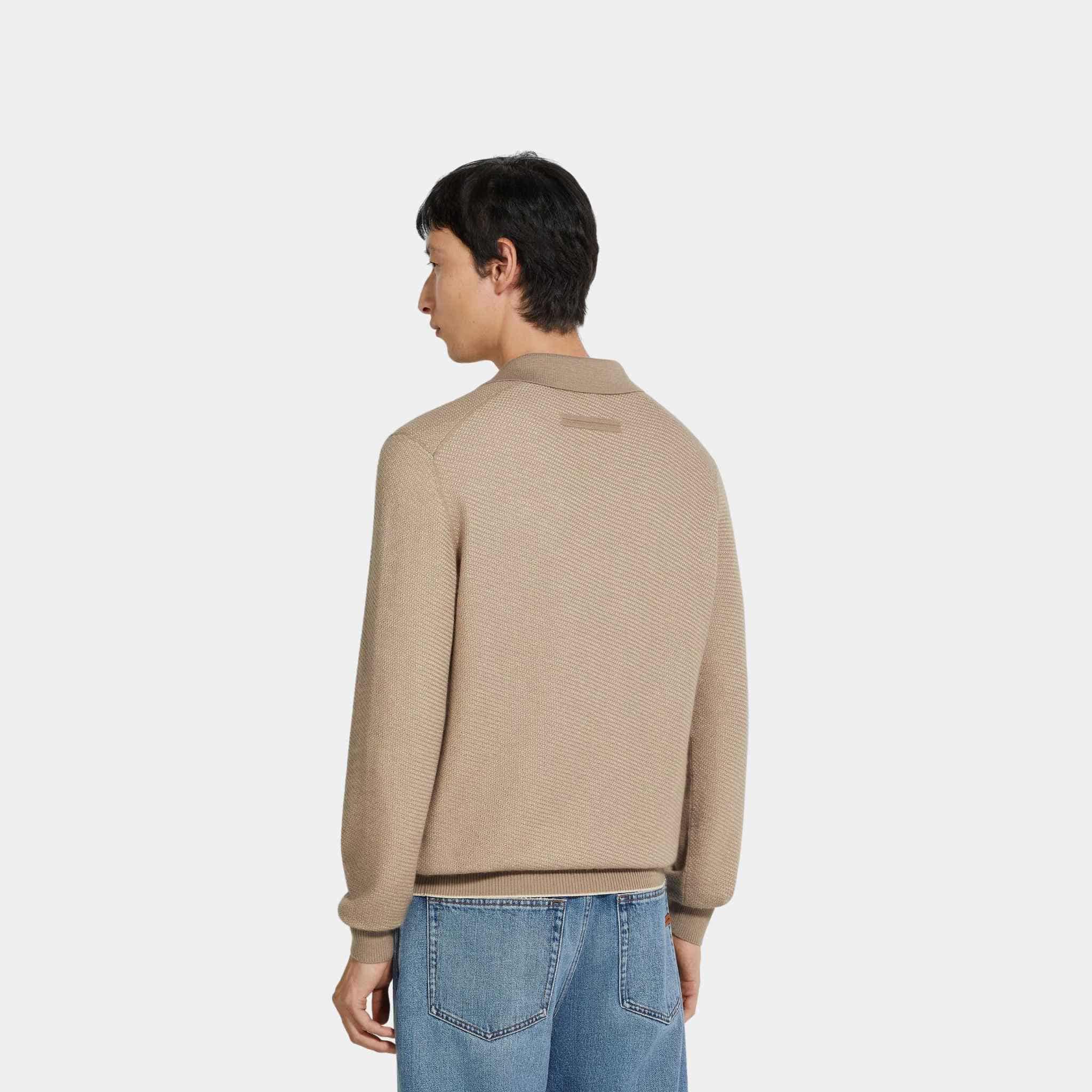 Zegna Silk And Cashmere Polo Shirt With Jacquard Pattern, Light Taupe, Back