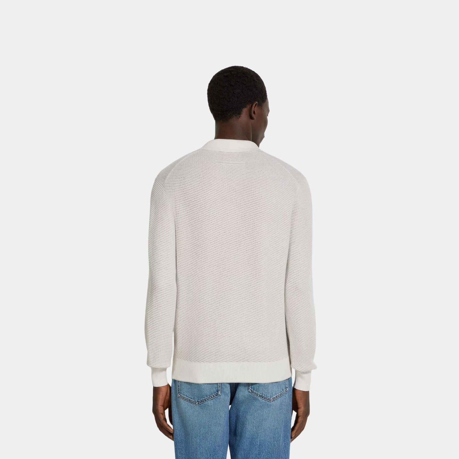 Zegna Silk And Cashmere Polo Shirt With Jacquard Pattern, White, Back