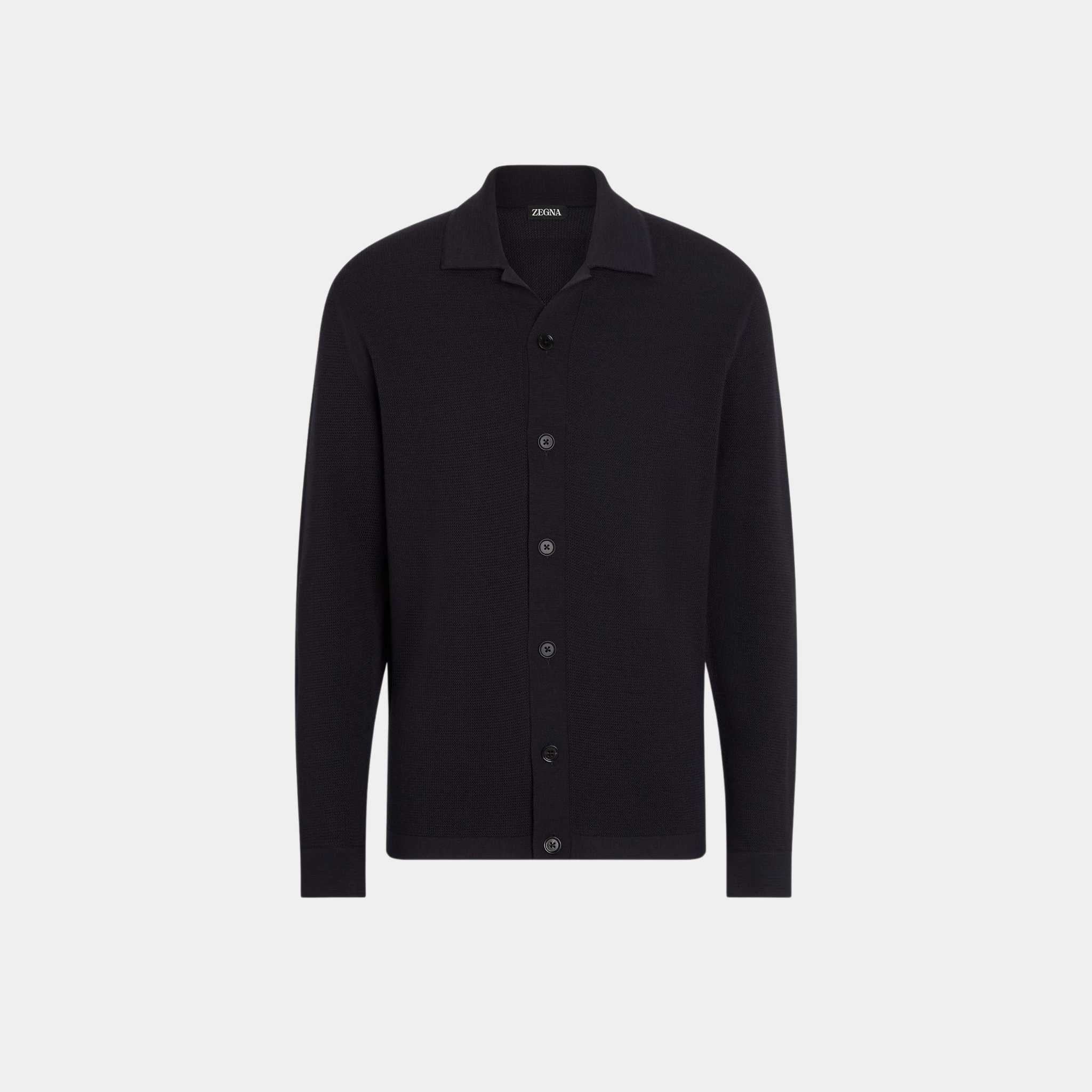 Zegna Wool Shirt With Tridimensional Stitch, Navy Blue, Front