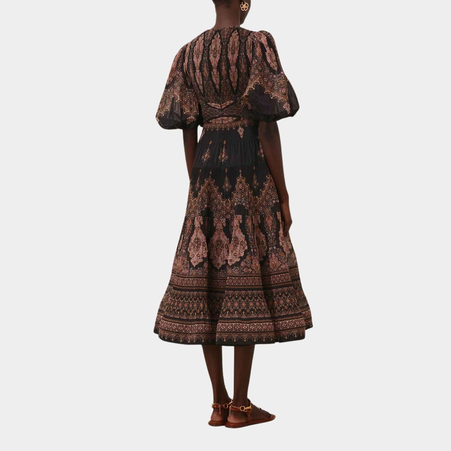 Zimmermann Pleated Midi Dress, Black Paisley, Model, Back