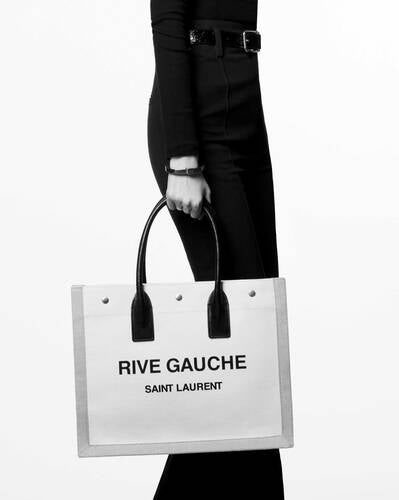 Rive Gauche Small Tote Bag In Linen And Leather